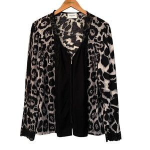 Stizzoli Cardigan Size XXL (IT 52) Black Animal Print Lace Wool Blend Zip Bold